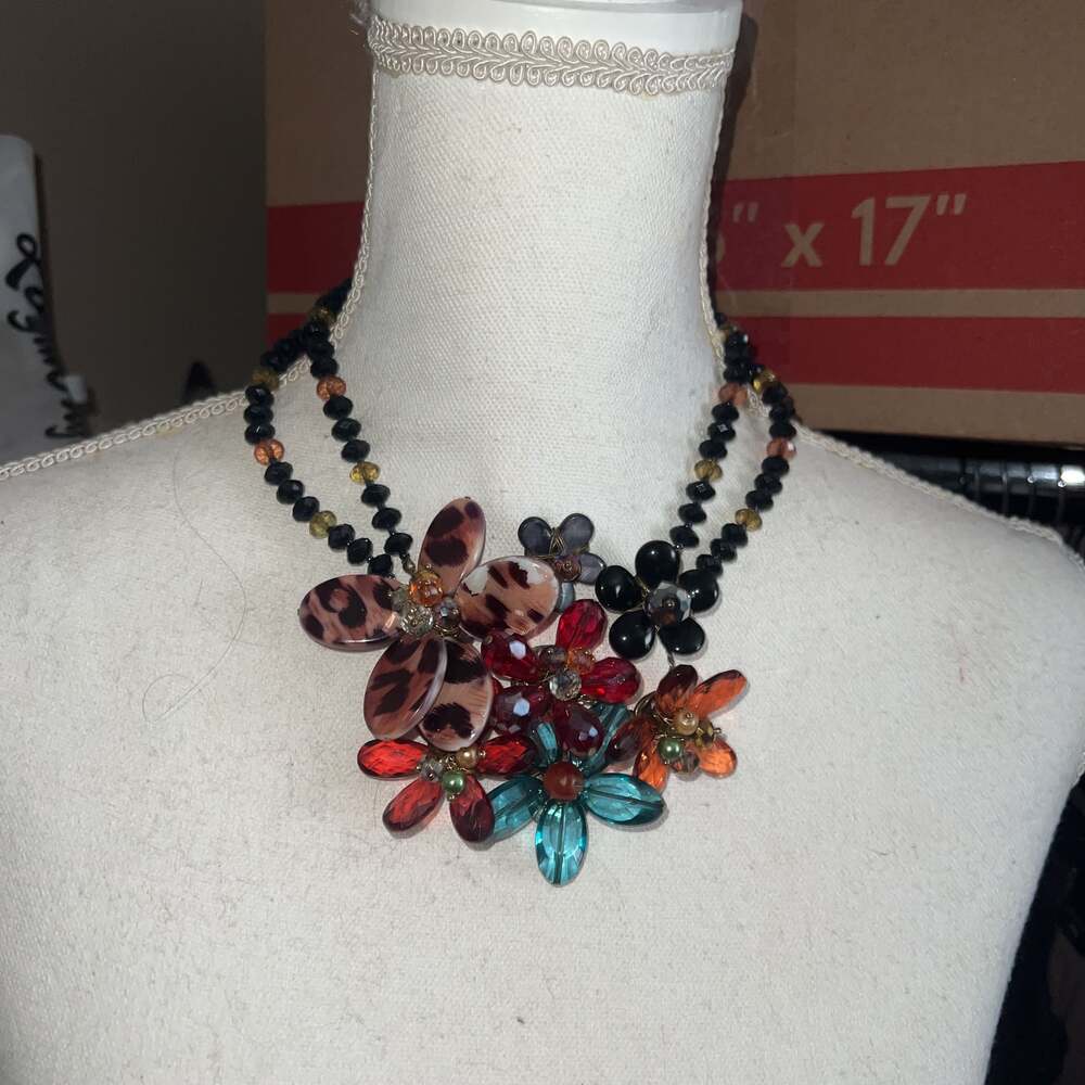 Vintage Floral Cluster Bib Necklace Multi Strand Art Glass Statement Pearl Chunk